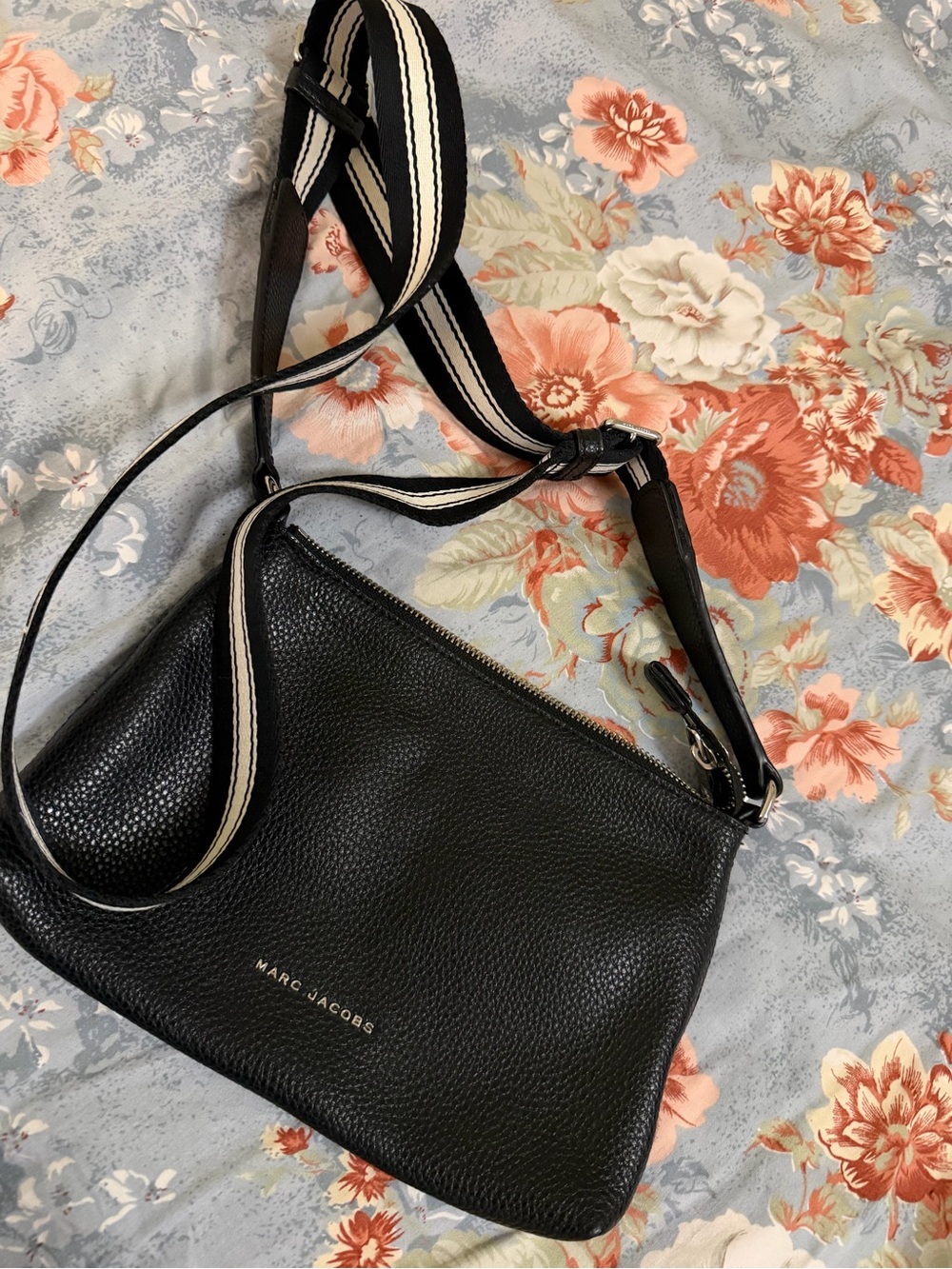Marc Jacobs Black Pebbled Leather Crossbody with Striped Adjustable Strap